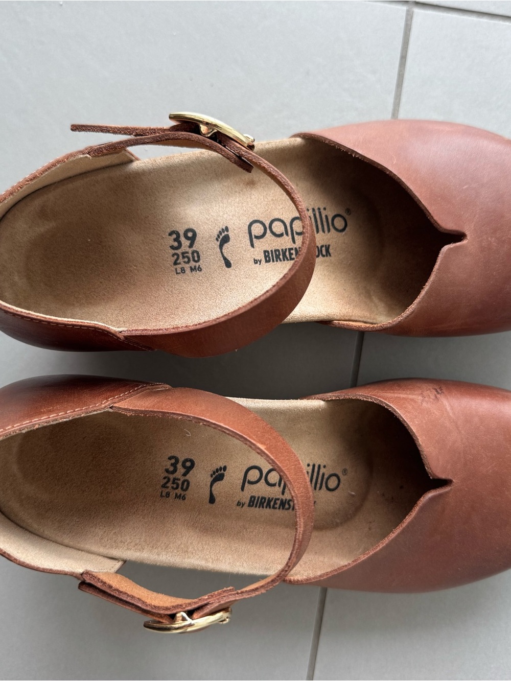 Papillio Tan Leather Wedge Mary Jane Clogs